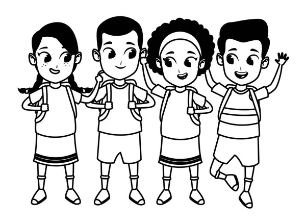 Childhood cute school students cartoon in black and white — Stock Vector