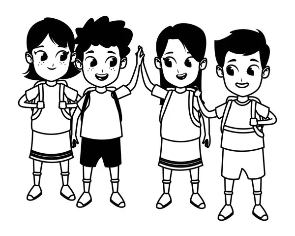 Niños lindo escuela estudiantes dibujos animados en blanco y negro — Vector de stock