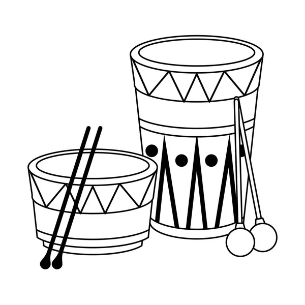 Musikinstrument musikaliska objekt tecknad i svart och vitt — Stock vektor