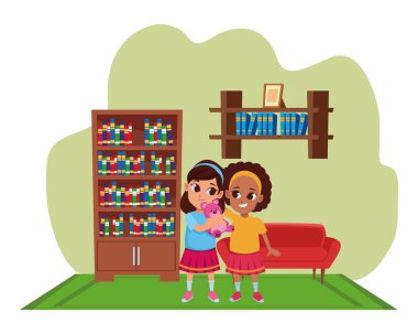 Çocuk arkadaşlar oyun ve gülümseyen karikatür