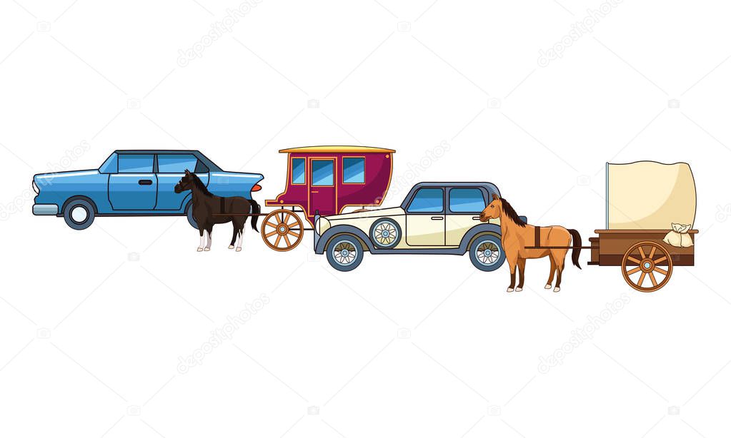 Classic cars and horse carriages vehicles