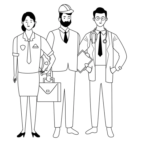 Profissionais trabalhadores personagens sorrindo desenhos animados em preto e branco — Vetor de Stock