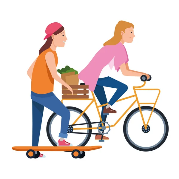 Amigos montando con monopatín y bicicletas — Vector de stock