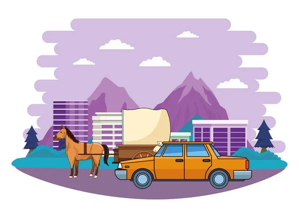 Coches y carruajes de caballos vehículos — Vector de stock