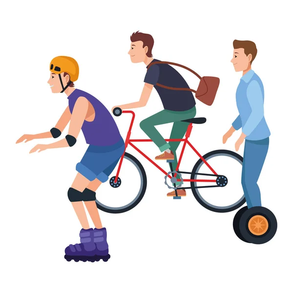 People riding with bikes scooter and skates — Stock Vector