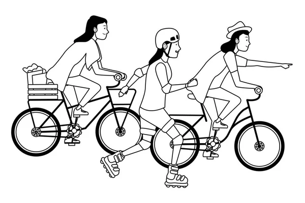 Pessoas com bicicletas e patins em preto e branco — Vetor de Stock