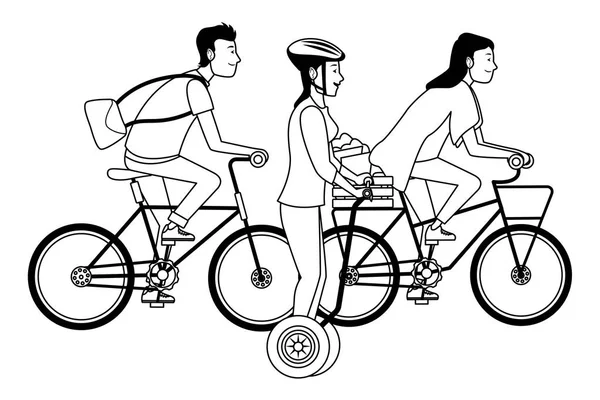 Люди на мотоциклах і електричних скутерах в чорно-білому — стоковий вектор