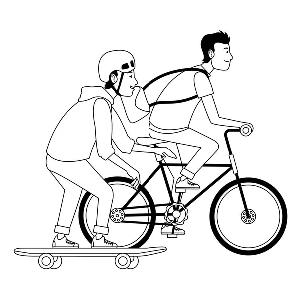 Jeunes amis masculins avec vélo et planche à roulettes en noir et blanc — Image vectorielle