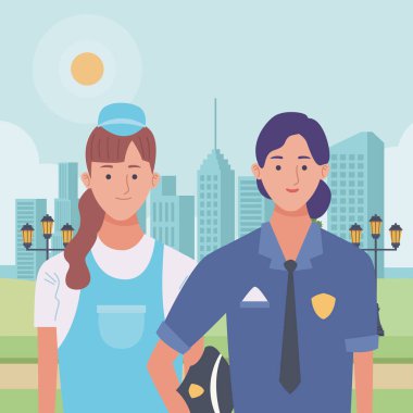 Profesyoneller işçiler çift gülümseyen karikatürler