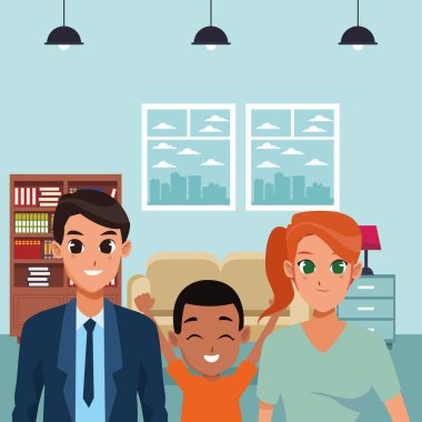 Mutlu aile ev karikatürler içinde gülümseyen