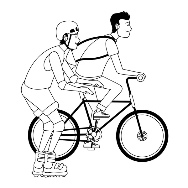 Jeunes avec vélo et patins en noir et blanc — Image vectorielle