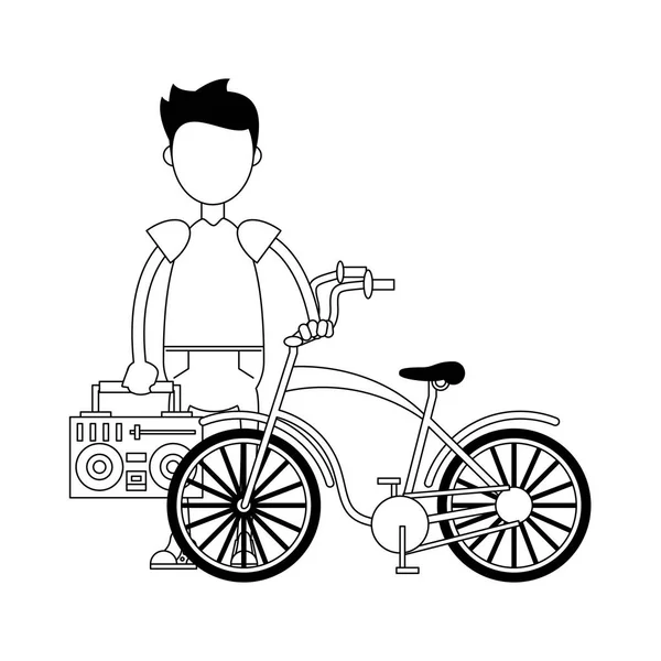 Vélo vintage et garçon hipster en noir et blanc — Image vectorielle