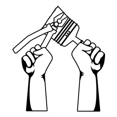 İnşaat işçileri elleri siyah beyaz araçları tutarak