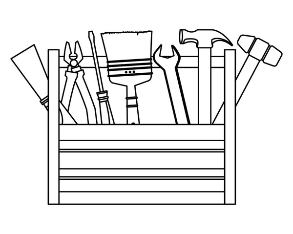 Caja de herramientas con juego de herramientas de construcción en blanco y negro — Archivo Imágenes Vectoriales