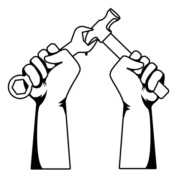 Ouvriers de la construction mains tenant des outils en noir et blanc — Image vectorielle