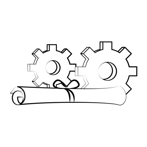 Gears ondersteuning technologie industrie cartoon tekening in zwart-wit — Stockvector