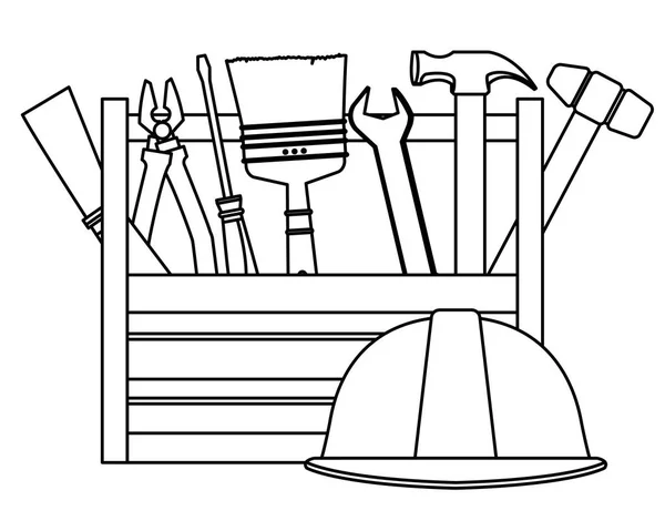 Herramientas de construcción y caricaturas de equipos en blanco y negro — Archivo Imágenes Vectoriales