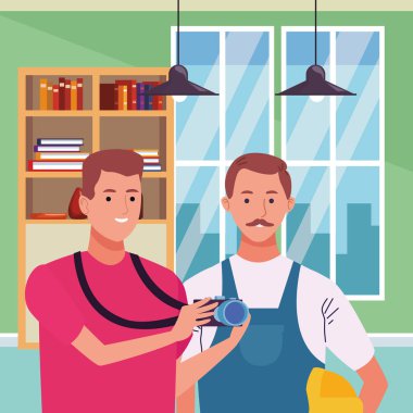 Profesyoneller işçiler çift gülümseyen karikatürler