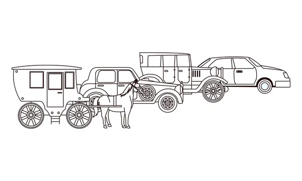 Autovetture d'epoca e carrozze per cavalli in bianco e nero — Vettoriale Stock