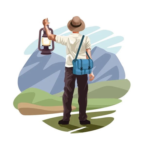 Mochila viajero turista espalda dibujos animados — Vector de stock