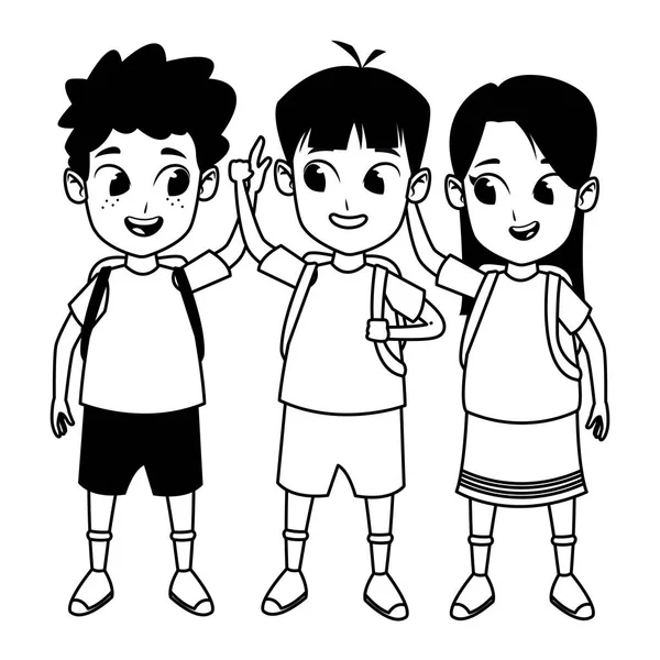 Niños lindo escuela estudiantes dibujos animados en blanco y negro — Vector de stock