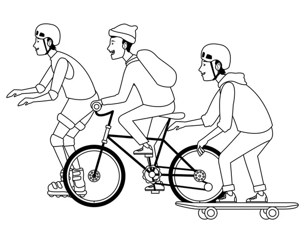 Jeune peple avec sakteboard, patins et vélos en noir et blanc — Image vectorielle