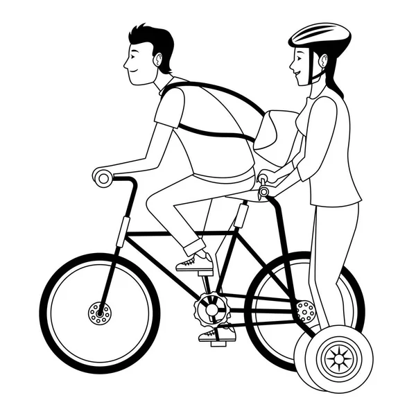 Jóvenes montando en bicicleta y scooter en blanco y negro — Vector de stock