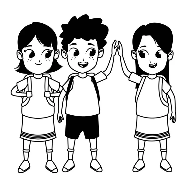 Niños lindo escuela estudiantes dibujos animados en blanco y negro — Vector de stock