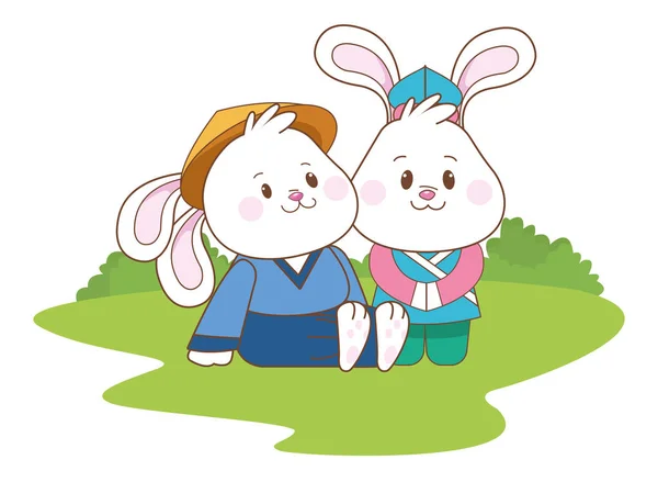 Rabbits celebrating mid autumn festival cartoons — Stock Vector