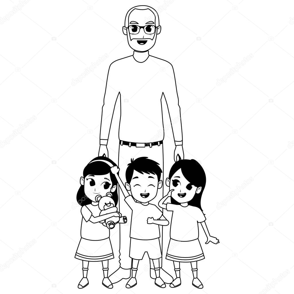 grandchildren and grandfather of hand in black and white