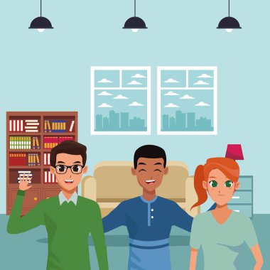 Mutlu aile ev karikatürler içinde gülümseyen