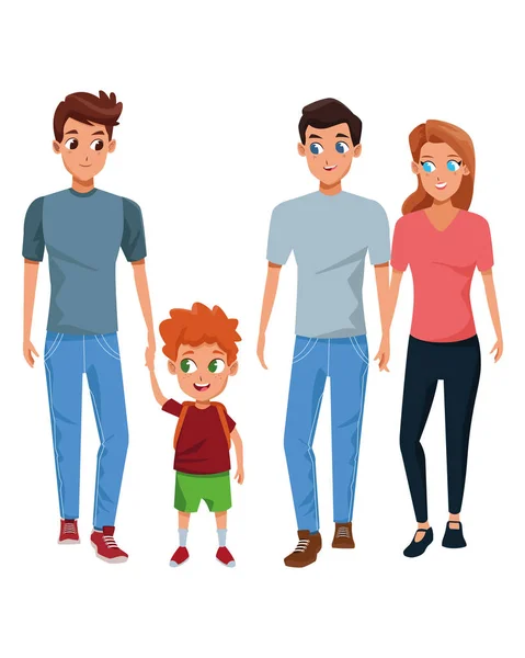 Familia padres jóvenes con niños dibujos animados — Vector de stock