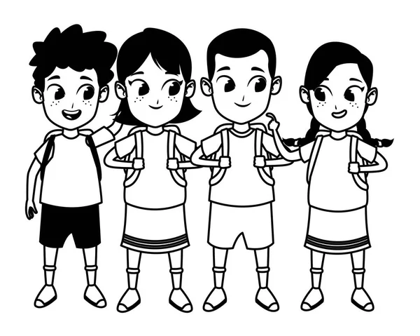 Niños lindo escuela estudiantes dibujos animados en blanco y negro — Vector de stock