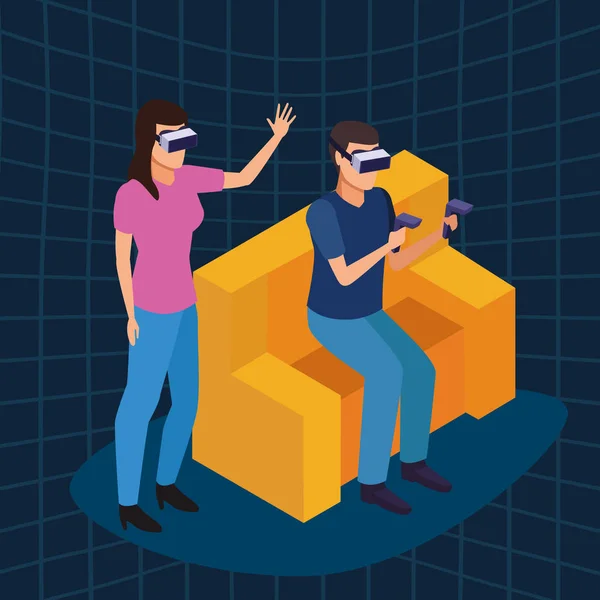 Virtual Reality technologie ervaring cartoon op blauwe digitale achtergrond — Stockvector