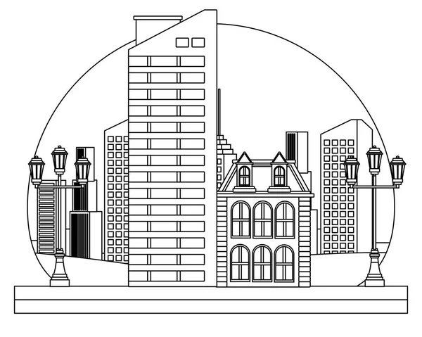 Kentsel binalar ve şehir mimarisi siyah beyaz — Stok Vektör