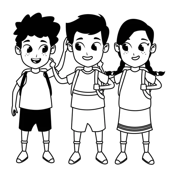 Niños lindo escuela estudiantes dibujos animados en blanco y negro — Vector de stock