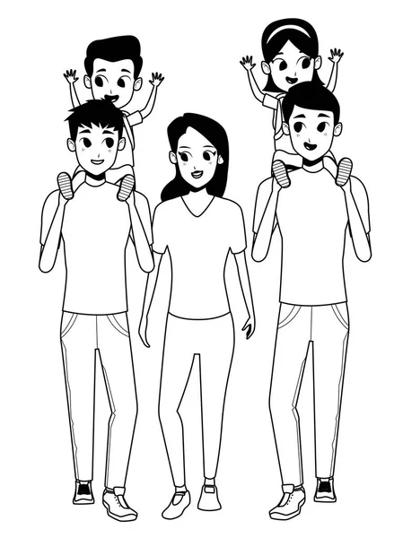 Familia padres jóvenes con dibujos animados para niños en blanco y negro — Vector de stock