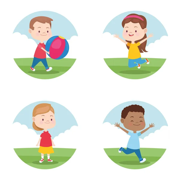 Niños jugando en el parque iconos redondos — Vector de stock