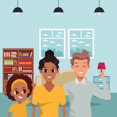 Mutlu aile ev karikatürler içinde gülümseyen