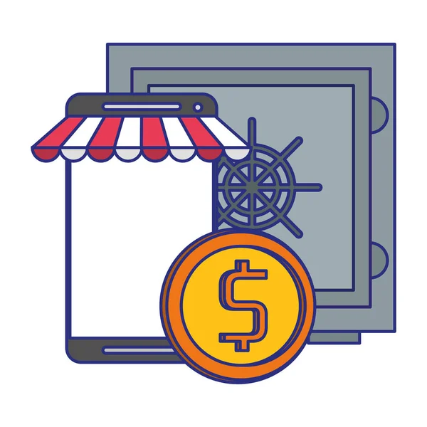 Negozi online e simboli della tecnologia di pagamento linee blu — Vettoriale Stock