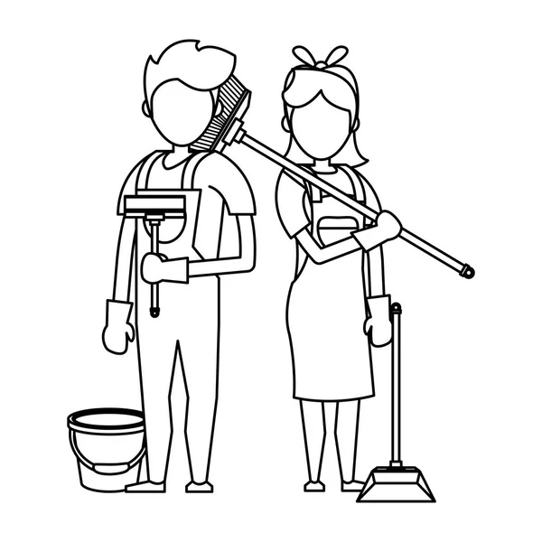 Nettoyeurs avec équipement de nettoyage en noir et blanc — Image vectorielle