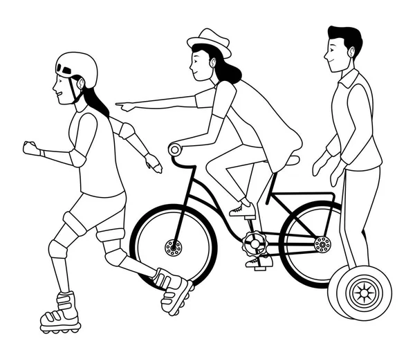 Les gens qui roulent avec des vélos scooter et patins en noir et blanc — Image vectorielle