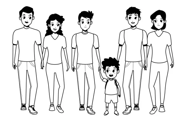 Familia padres jóvenes con dibujos animados para niños en blanco y negro — Vector de stock