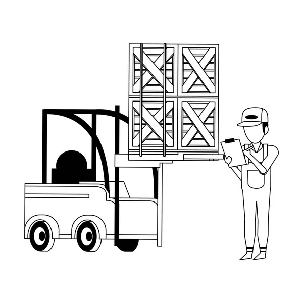 Warehouse worker logistics job concept in black and white — Stock Vector