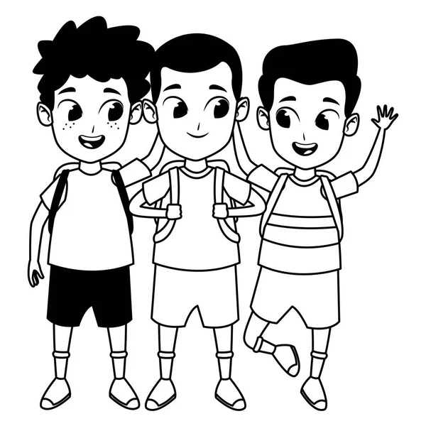 Caricatura de los estudiantes de la escuela adorable de la infancia en blanco y negro — Vector de stock