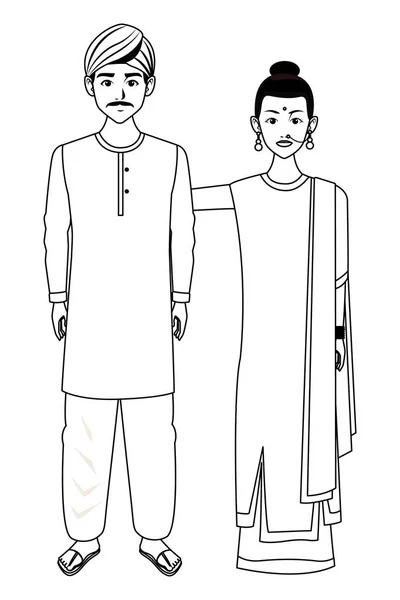 Personaje de dibujos animados avatar familia india en blanco y negro — Archivo Imágenes Vectoriales