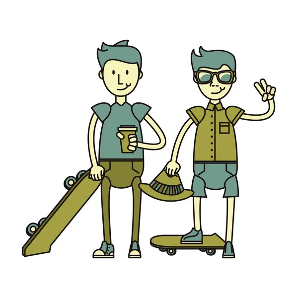 Hipster boys with green skateboards — Stock Vector