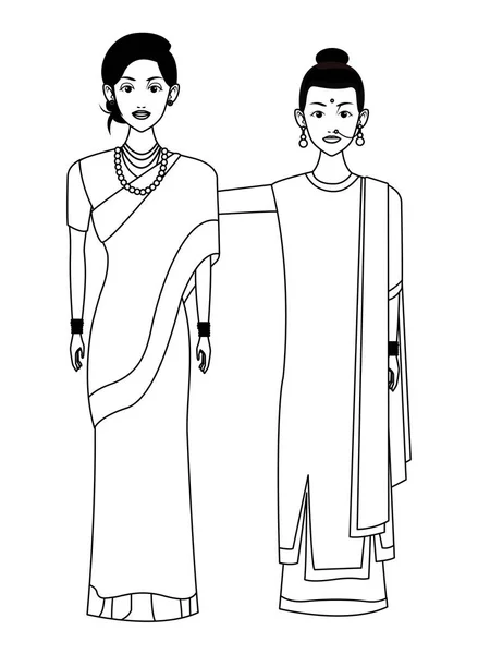 Mujer india personaje de dibujos animados avatar en blanco y negro — Archivo Imágenes Vectoriales