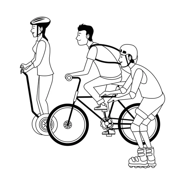 Personnes avec skates vélos et scooter en noir et blanc — Image vectorielle