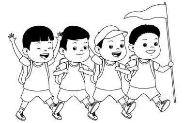Siyah beyaz çocuk ve yaz kampı karikatürler